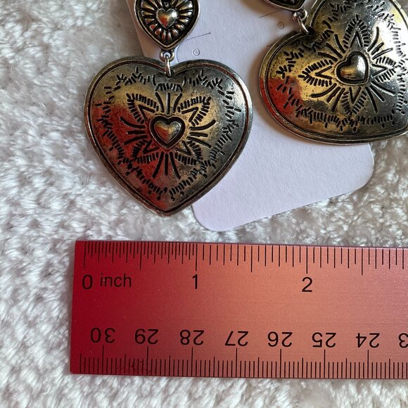 Sacred Heart Southwestern Style Oversized Earrings in Faux Tarnished Silver - Picture 3 of 4